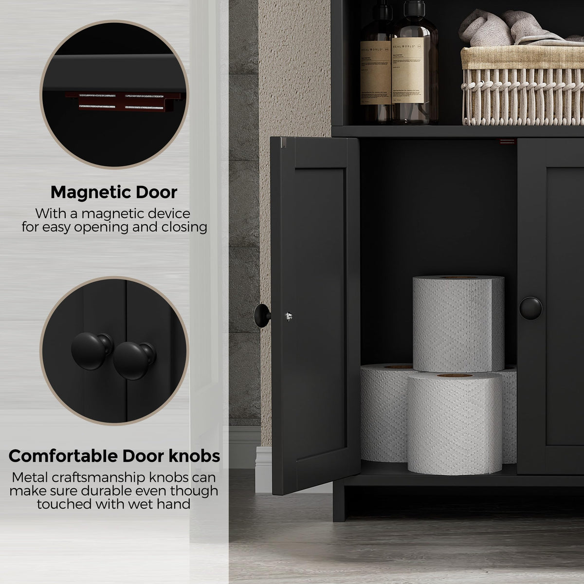 Homhedy bottom cabinet hides spare toilet paper neatly.