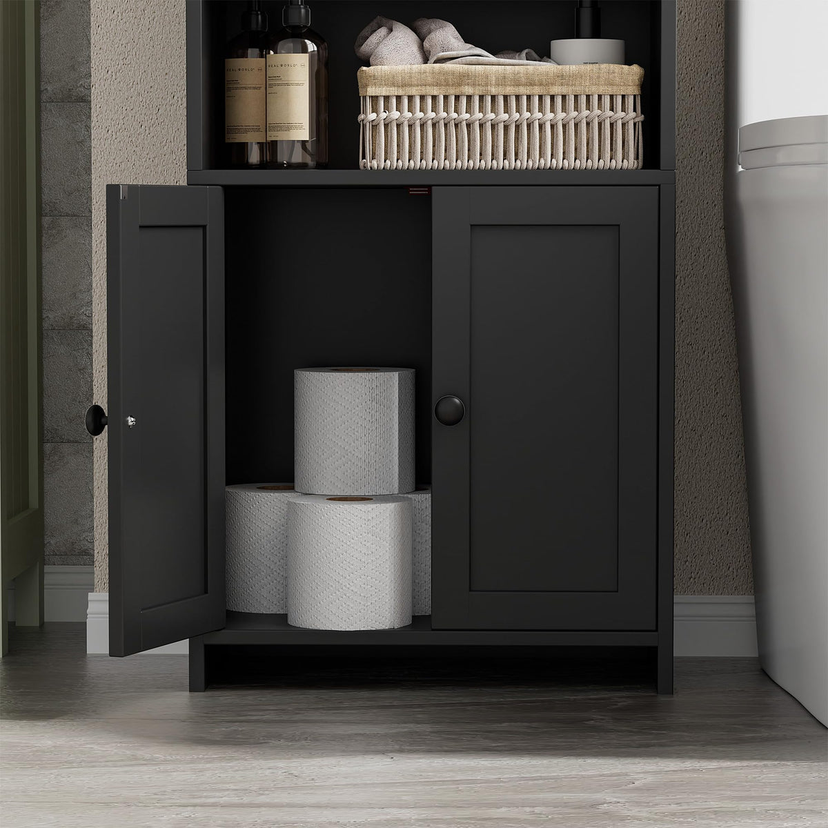 Homhedy cabinet in a laundry room demonstrates versatile storage.