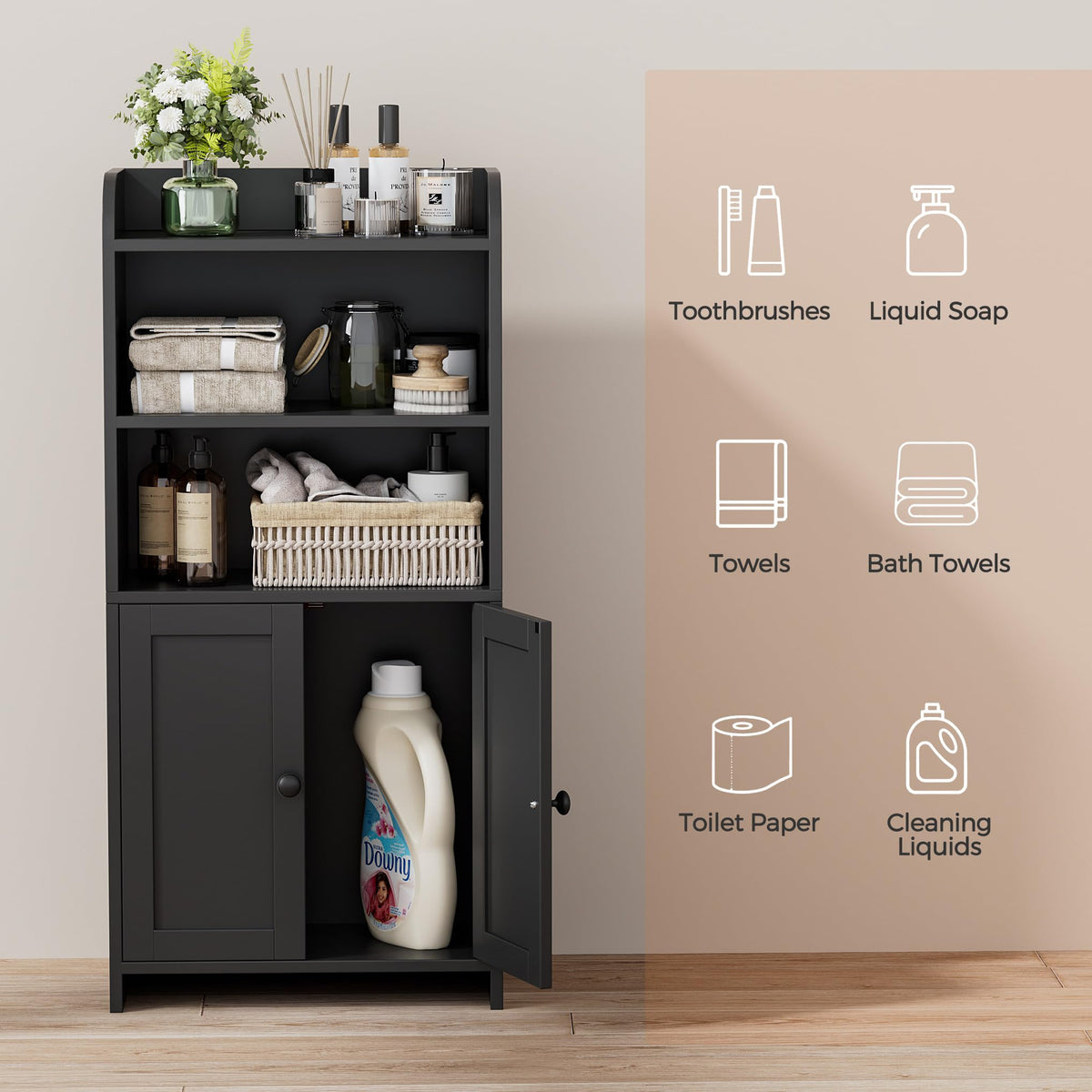 Homhedy cabinet middle shelf ideal for toiletries.