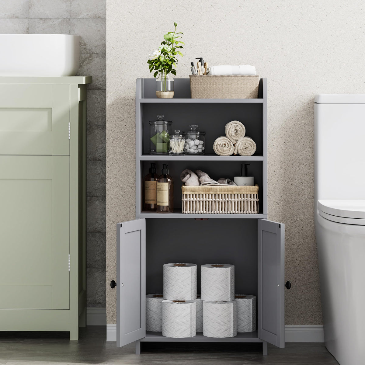 Homhedy compact cabinet supports towels, toiletries, and daily essentials.
