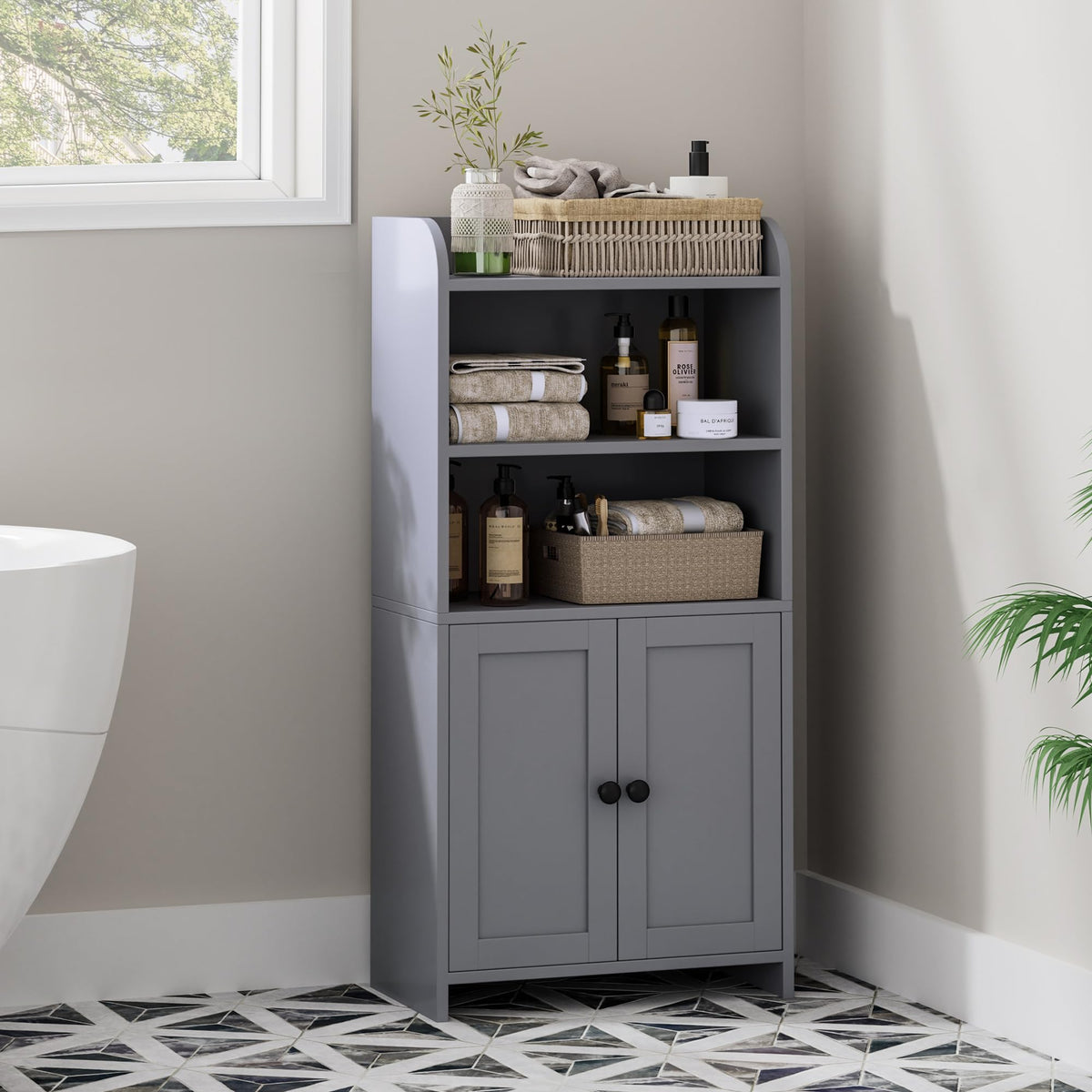 Homhedy bathroom organizer with two doors hides spare toilet paper neatly.