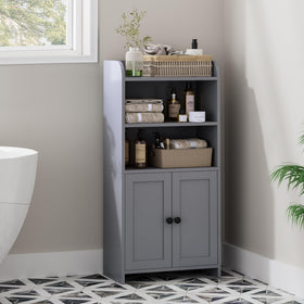 Homhedy bathroom organizer with two doors hides spare toilet paper neatly.