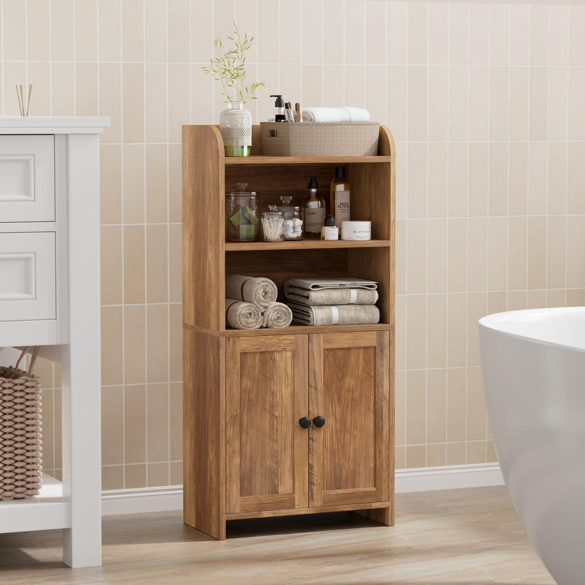 Homhedy small bathroom storage cabinet rustic walnut finish adds warm bathroom style