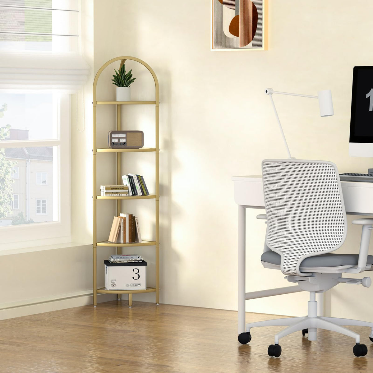 Homhedy space-saving rack maximizes corners to reduce clutter.