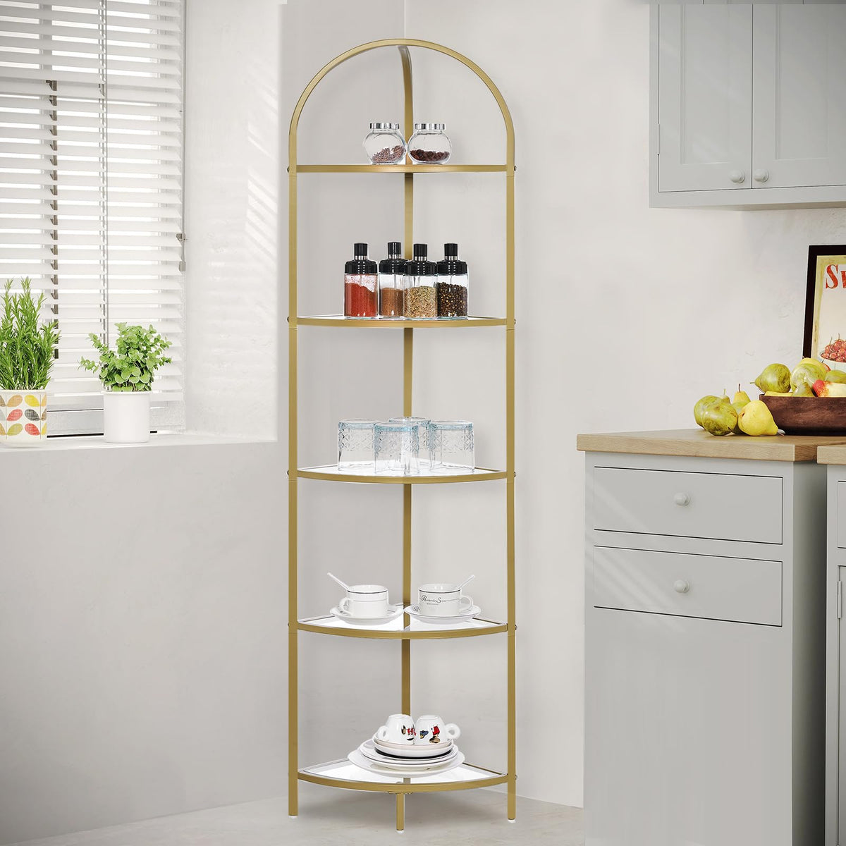 Homhedy bathroom storage rack showcasing heat-resistant glass shelves for toiletries.