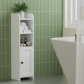 Homhedy toilet brush compartment keeps cleaning tools neatly tucked away.
