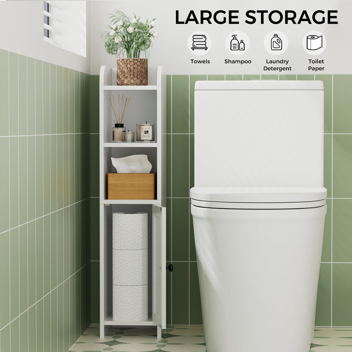 Homhedy with a dedicated toilet brush compartment keeps essentials tidy.