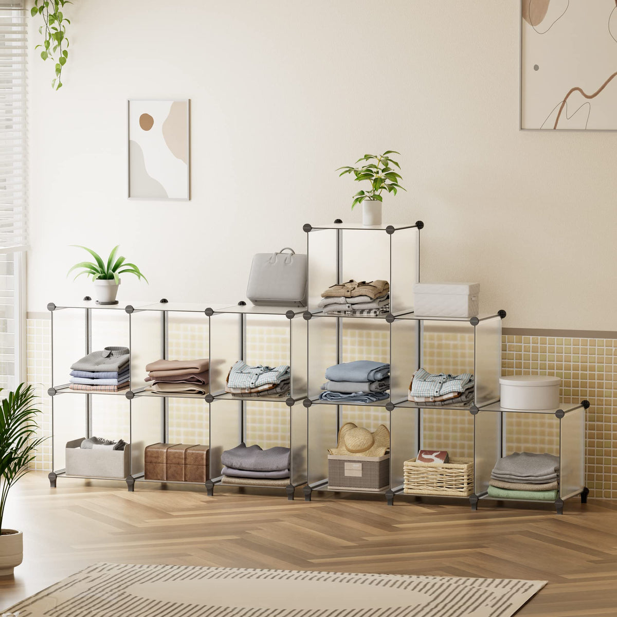 HOMIDEC 6-Cube storage with fabric bins keeps closets organized and accessible.
