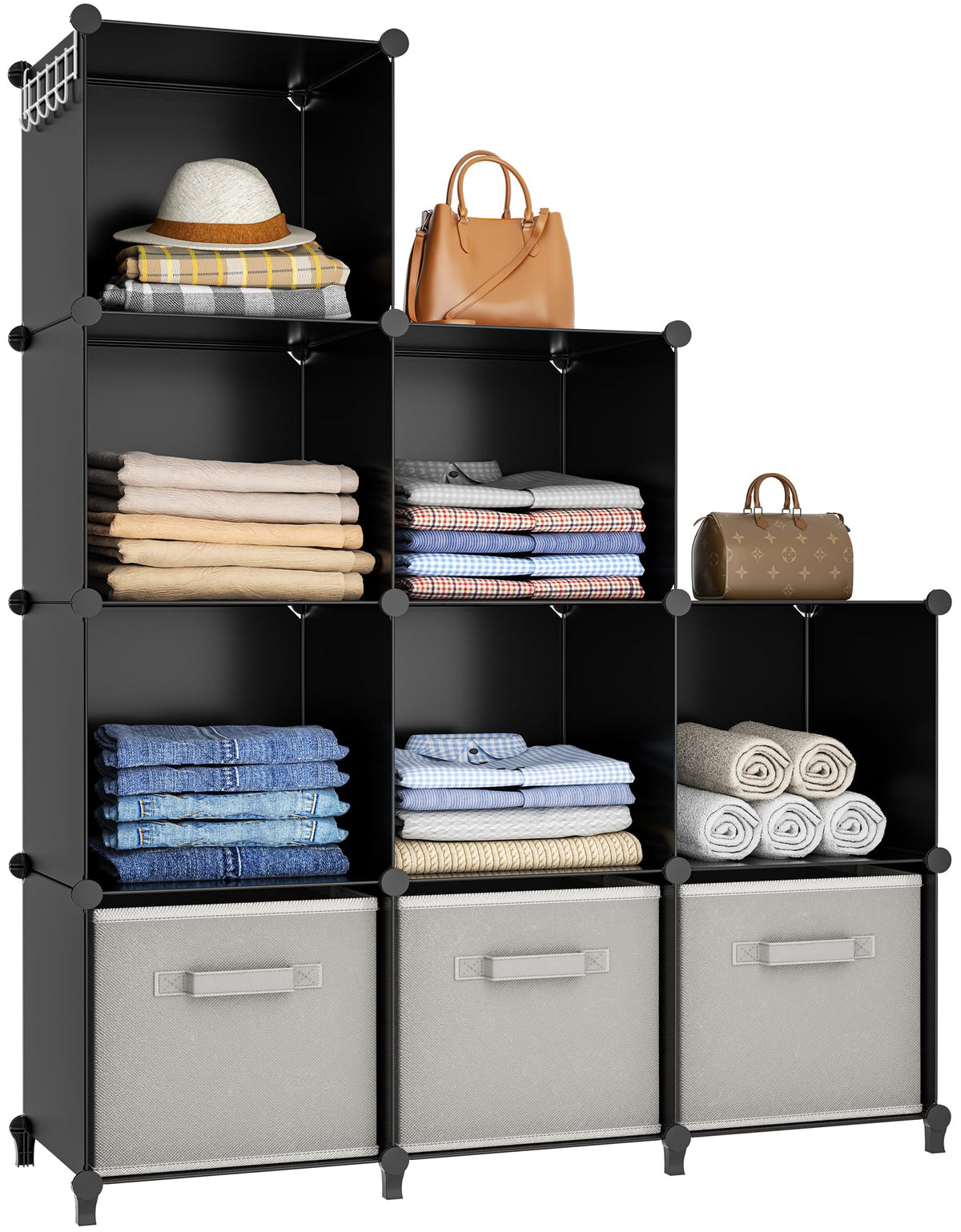 HOMIDEC 9-cube storage assembly shows sturdy modular shelving for tidy wardrobes.