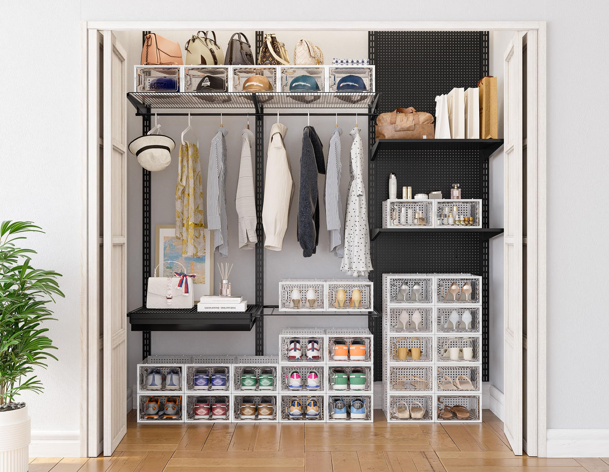 HOMIDEC clear plastic shoe boxes with lids provide easy access.