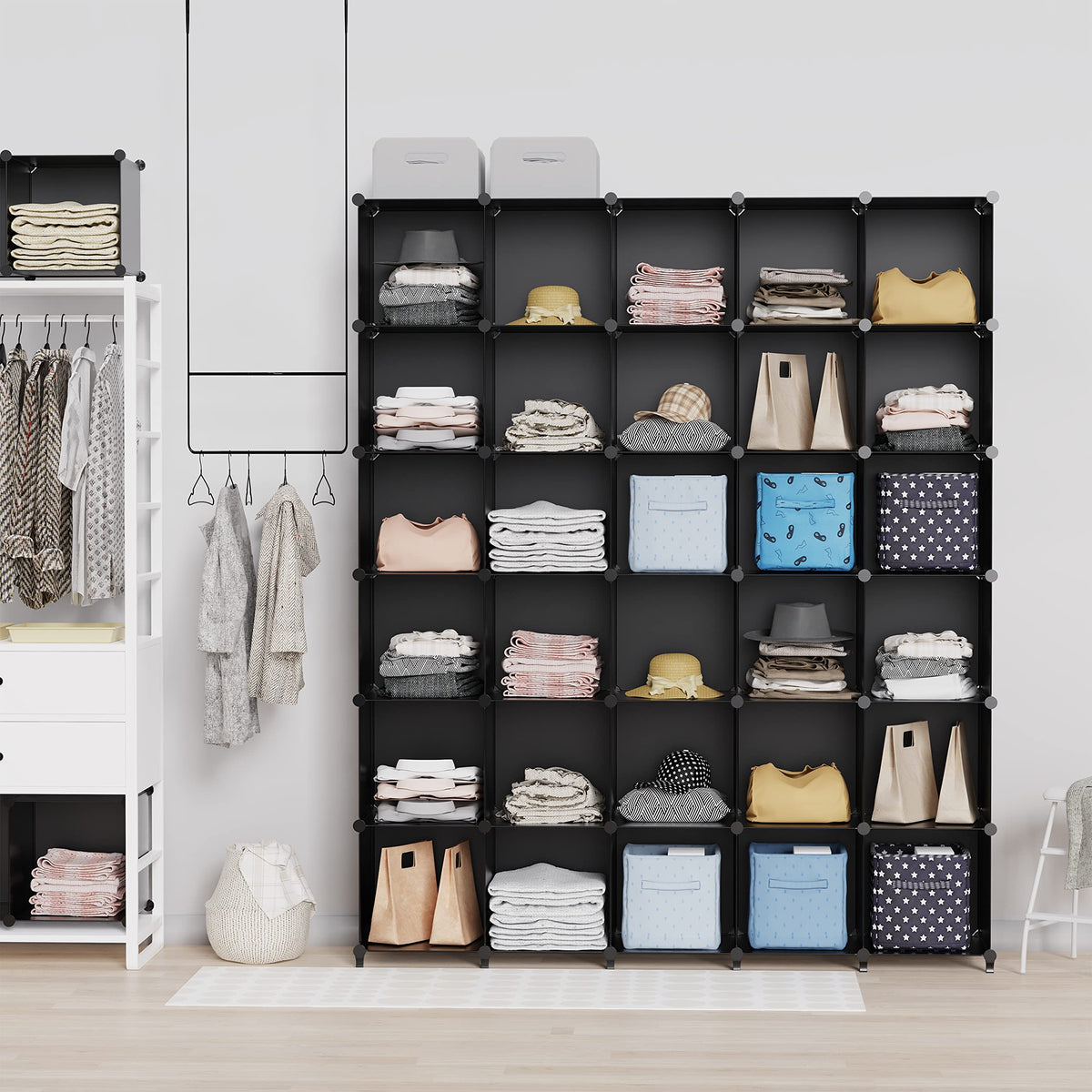 HOMIDEC closet storage cubes organize clothes in a tidy bedroom.