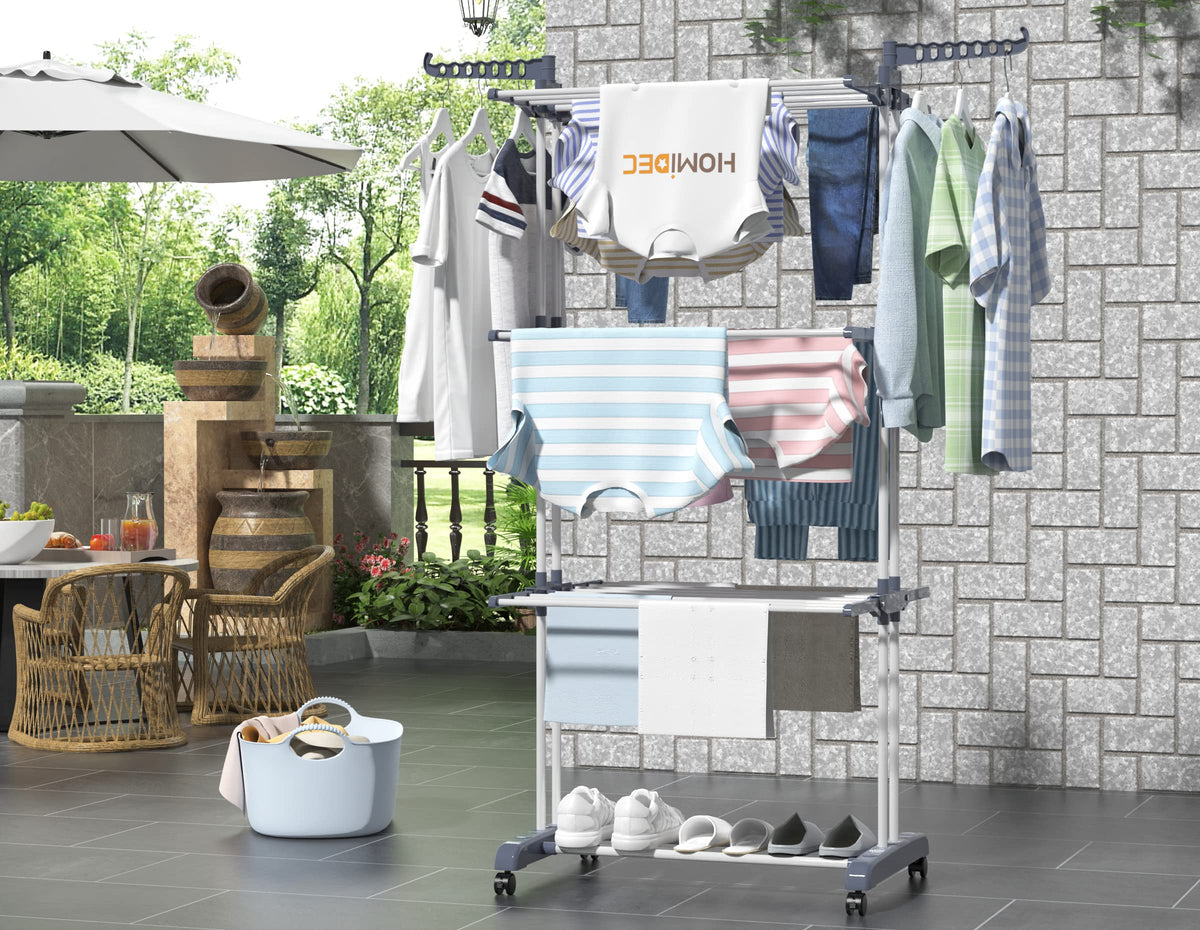 Homidec clothes drying rack side wing hooks increase hanging capacity.