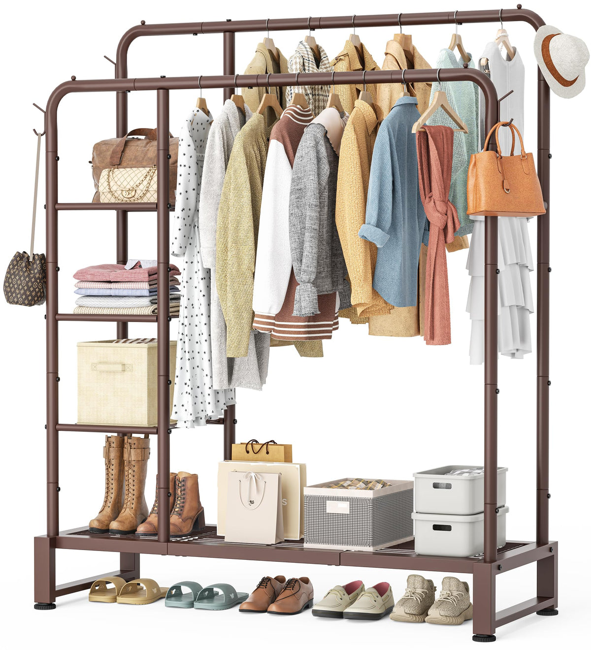 HOMIDEC Double Rods Clothes Rack with dual hanging levels for organized wardrobe storage.