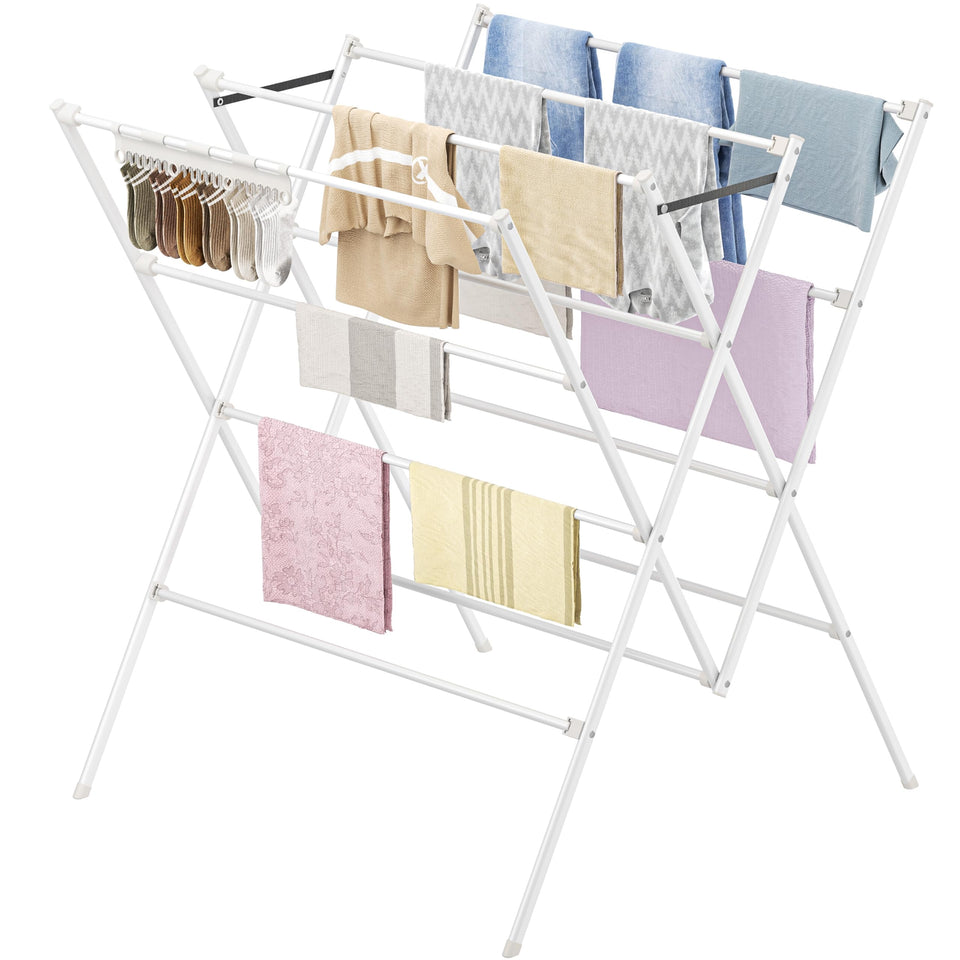 HOMIDEC drying rack with 12 rods demonstrates spacious drying capacity for daily laundry.