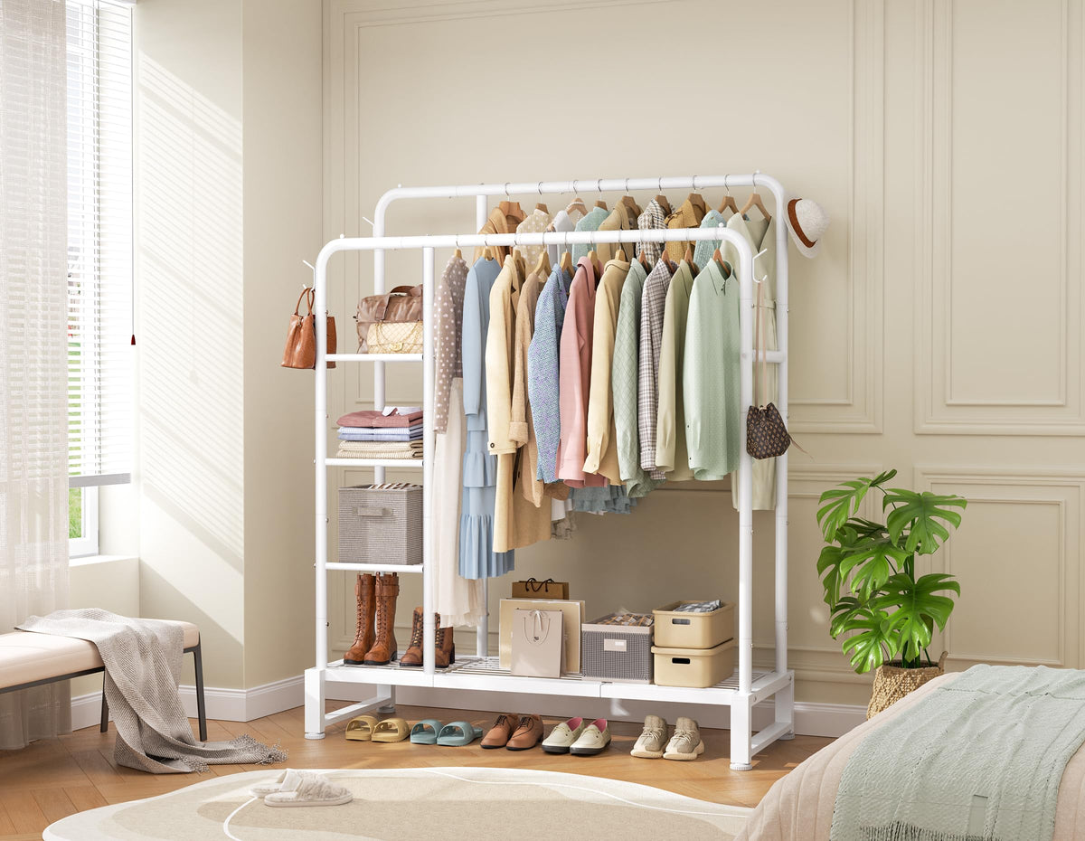 HOMIDEC high-low rods maximize hanging lengths for shirts and dresses