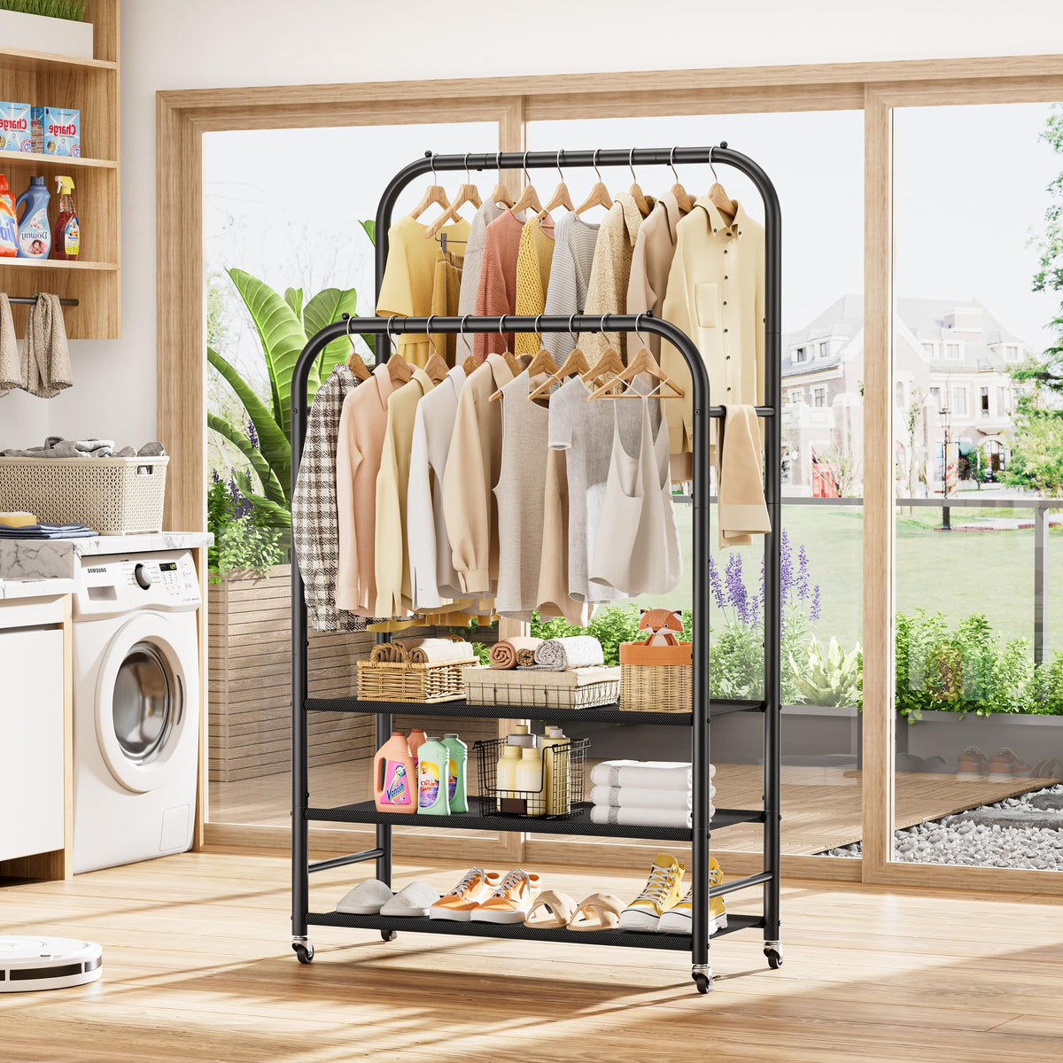 HOMIDEC in-use with hanging clothes shows versatile wardrobe organization.
