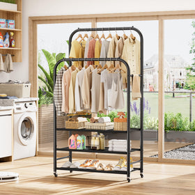 HOMIDEC in-use with hanging clothes shows versatile wardrobe organization.
