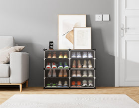 HOMIDEC 16-pair capacity shown with sneakers and boots in entryway.