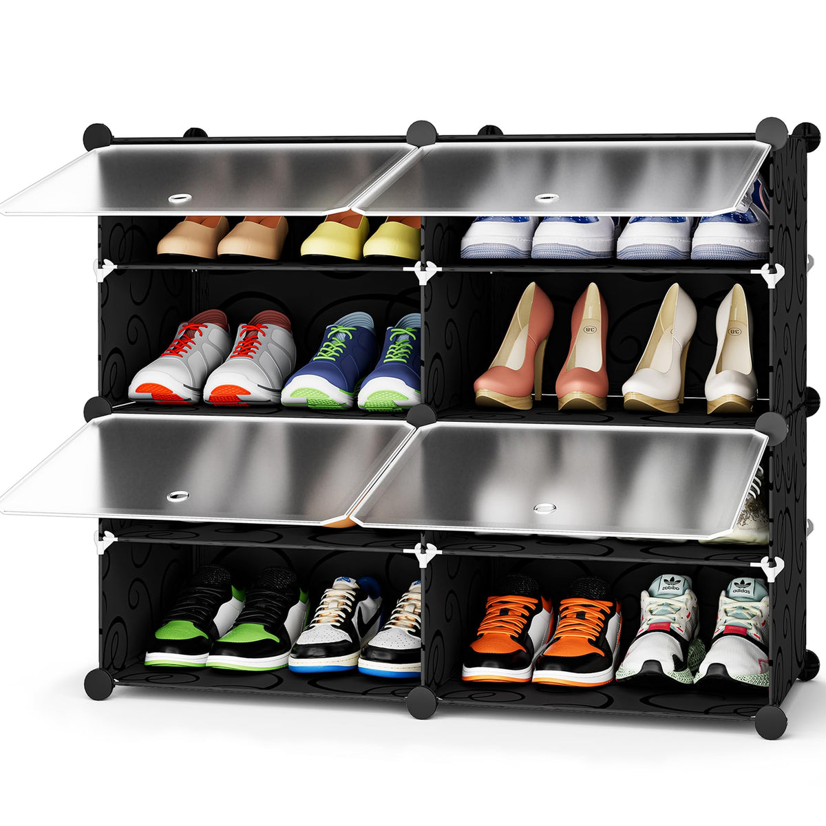 HOMIDEC four-tier shoe rack neatly organizes footwear in a closet.