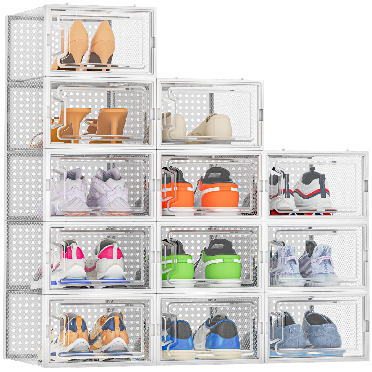 HOMIDEC 12-pack shoe storage keeps sneakers organized in a tidy closet.