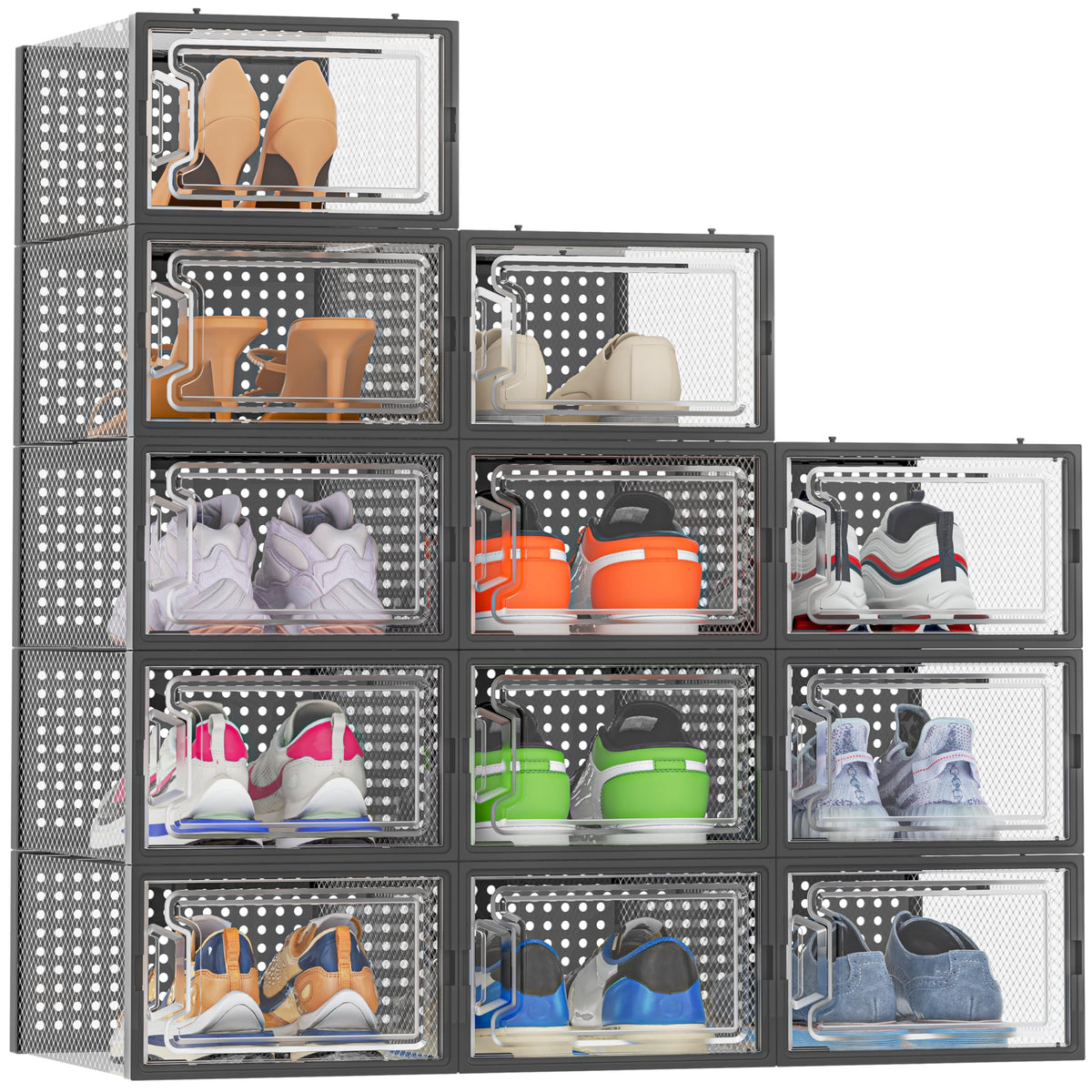 HOMIDEC 12-pack clear shoe boxes with lids, ideal for dustproof closet storage.