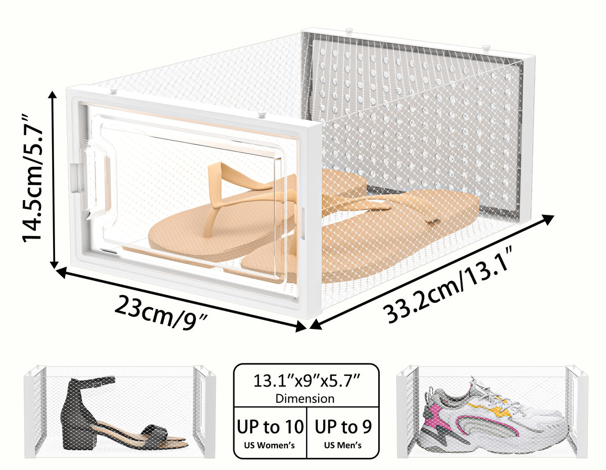 HOMIDEC stackable shoe boxes save space and keep shoes dust-free.
