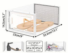 HOMIDEC stackable shoe boxes save space and keep shoes dust-free.
