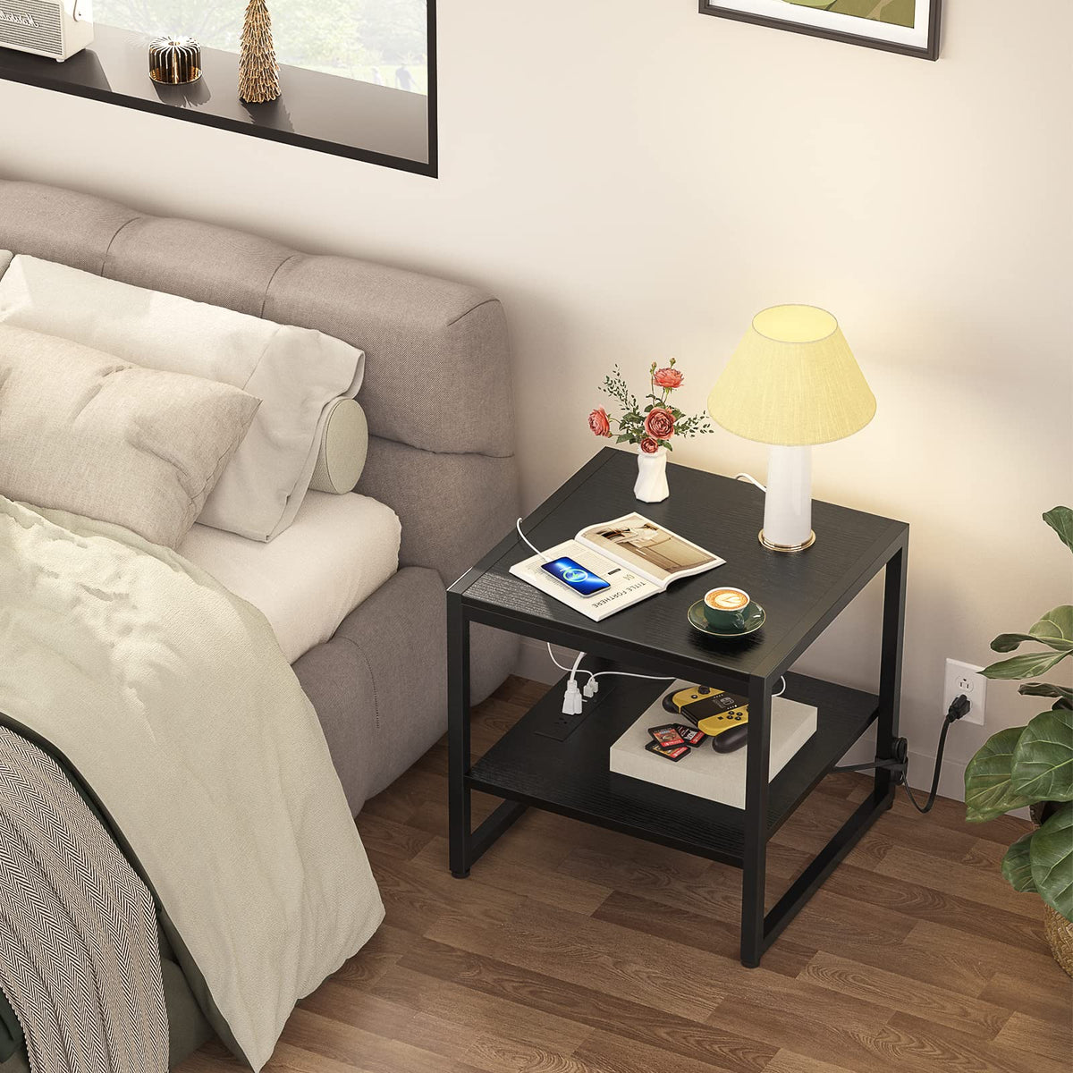 Homieasy end table lower shelf houses power strip away from liquids