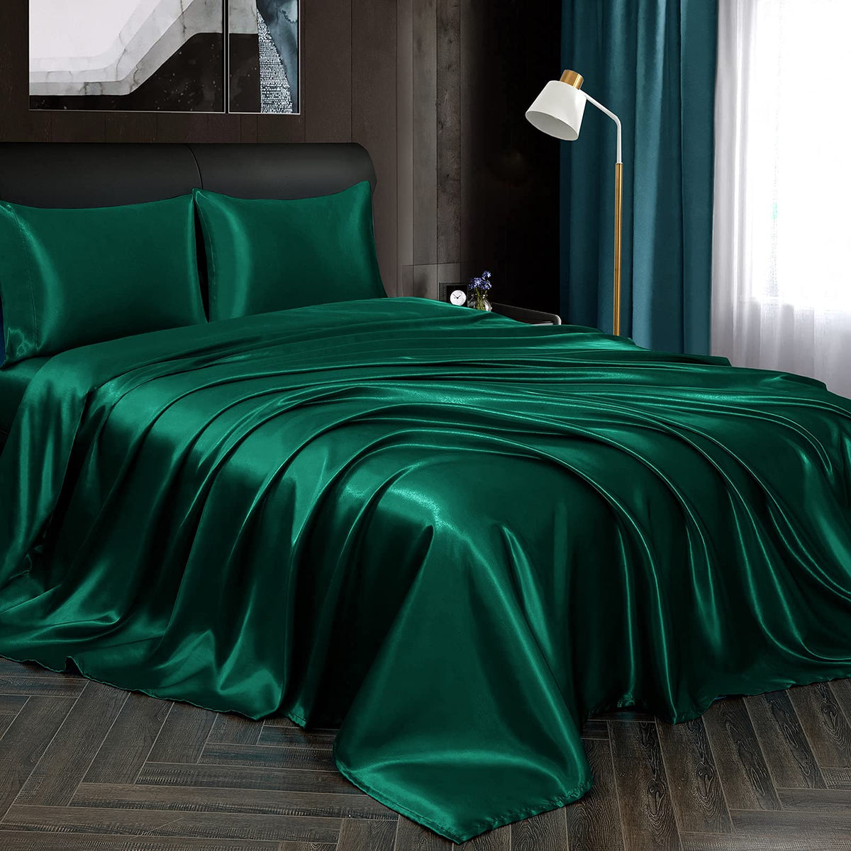 Homiest 4pc Satin Sheets Set – Deep-Pocket Queen, Blackish Green, Silky Bedding