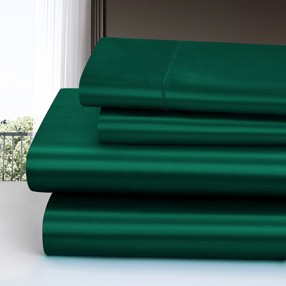 Homiest 4pc Satin Sheets Set – Deep-Pocket Queen, Blackish Green, Silky Bedding