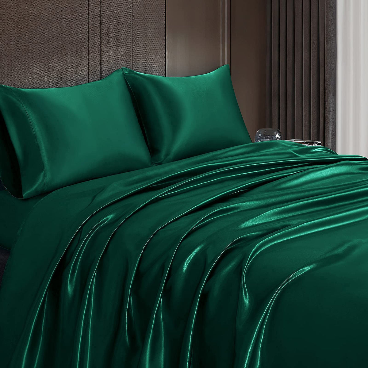 Homiest 4pc Satin Sheets Set – Deep-Pocket Queen, Blackish Green, Silky Bedding