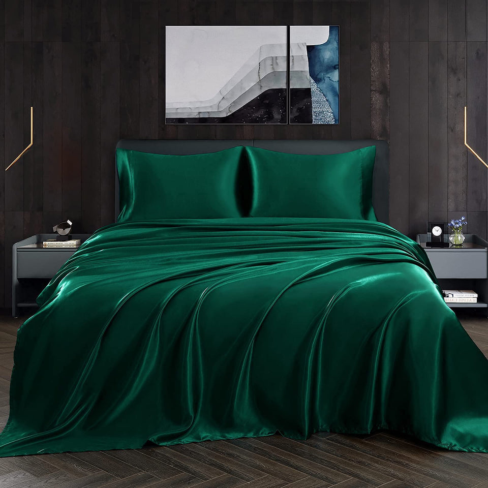 Homiest 4pc Satin Sheets Set – Deep-Pocket Queen, Blackish Green, Silky Bedding