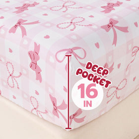 Homilay pink check fitted sheet delivers secure fit with deep pockets.