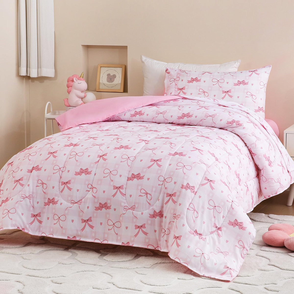 Homilay twin size pink check comforter set—soft, kid-friendly bedding for all seasons.