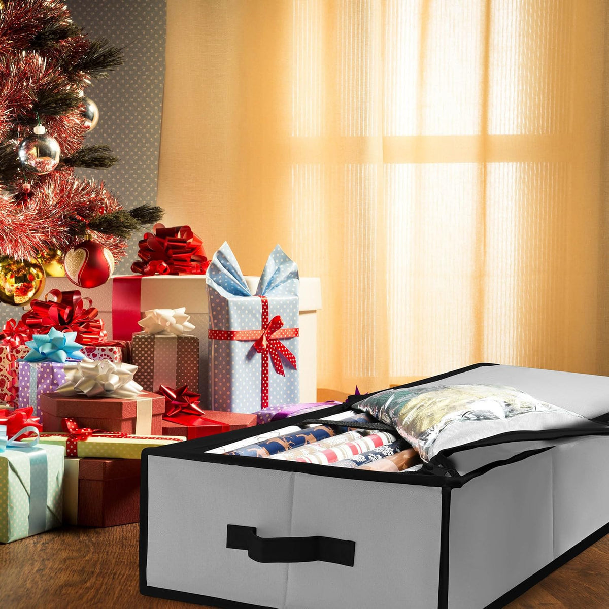 Homior Gift Wrap Organizer holds up to 24 wraps up to 40 inches for easy storage.