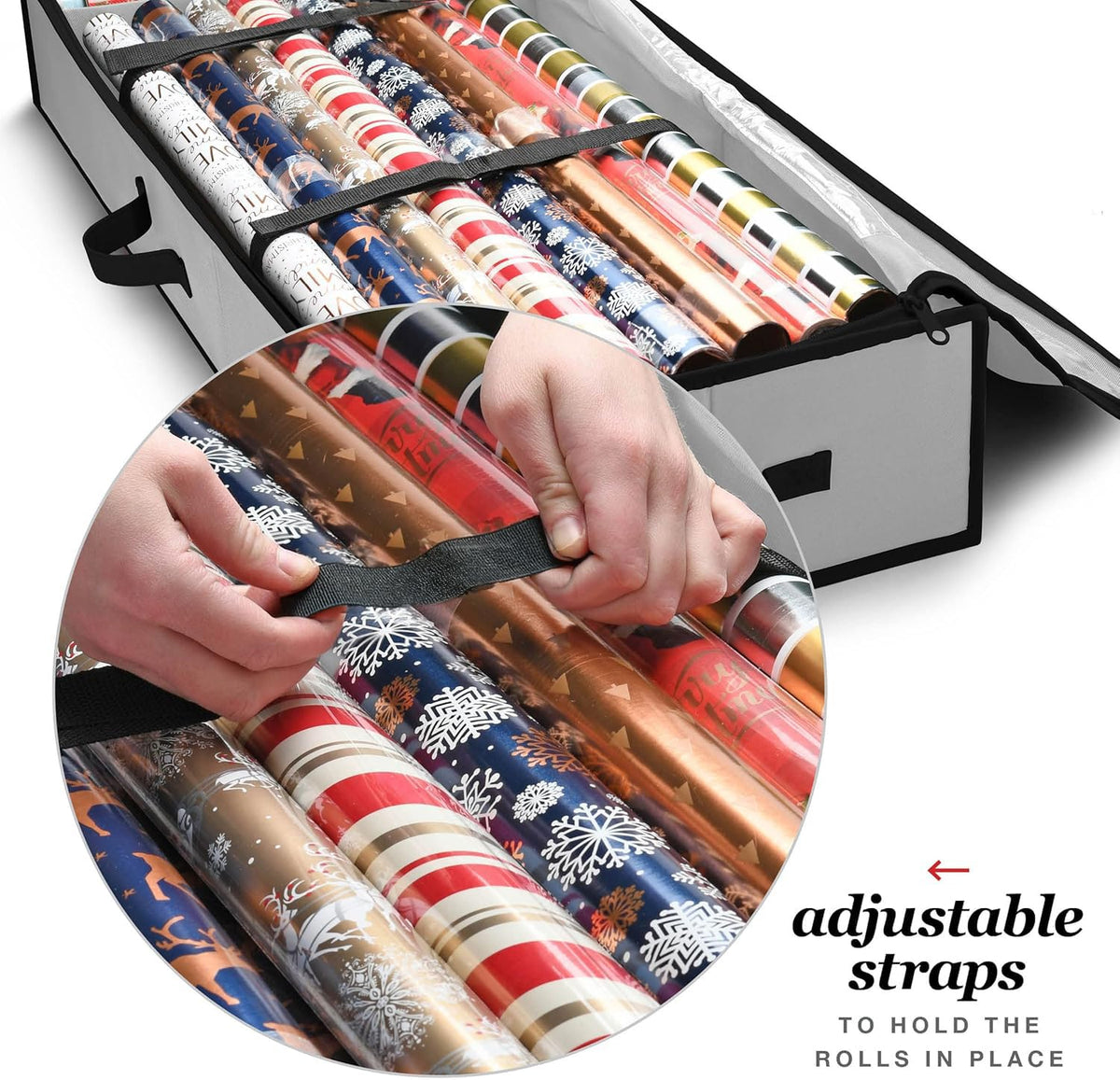 Homior Gift Wrap Organizer front pocket keeps bows and tags within reach.
