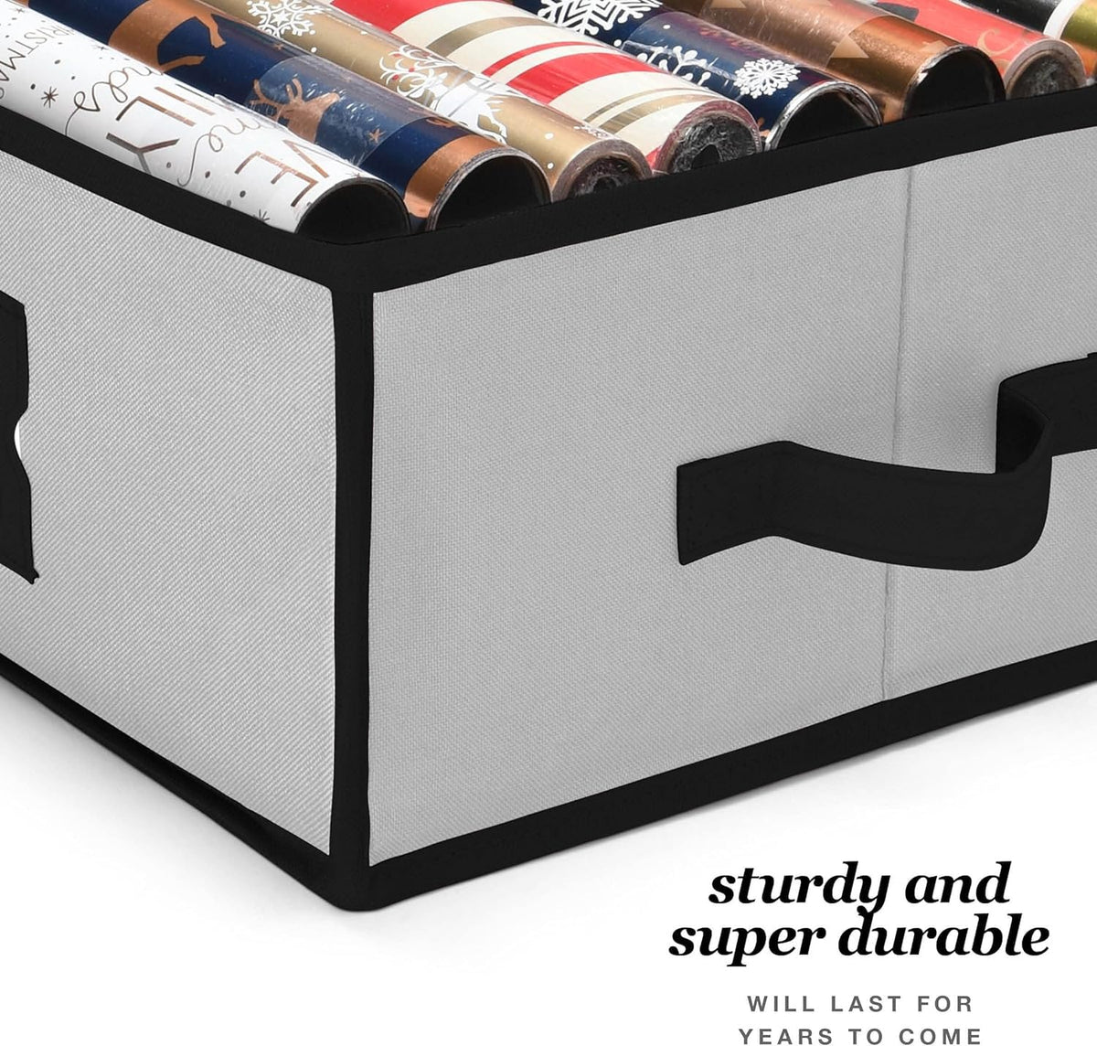 Homior Gift Wrap Organizer stores Christmas decorations and craft supplies neatly.