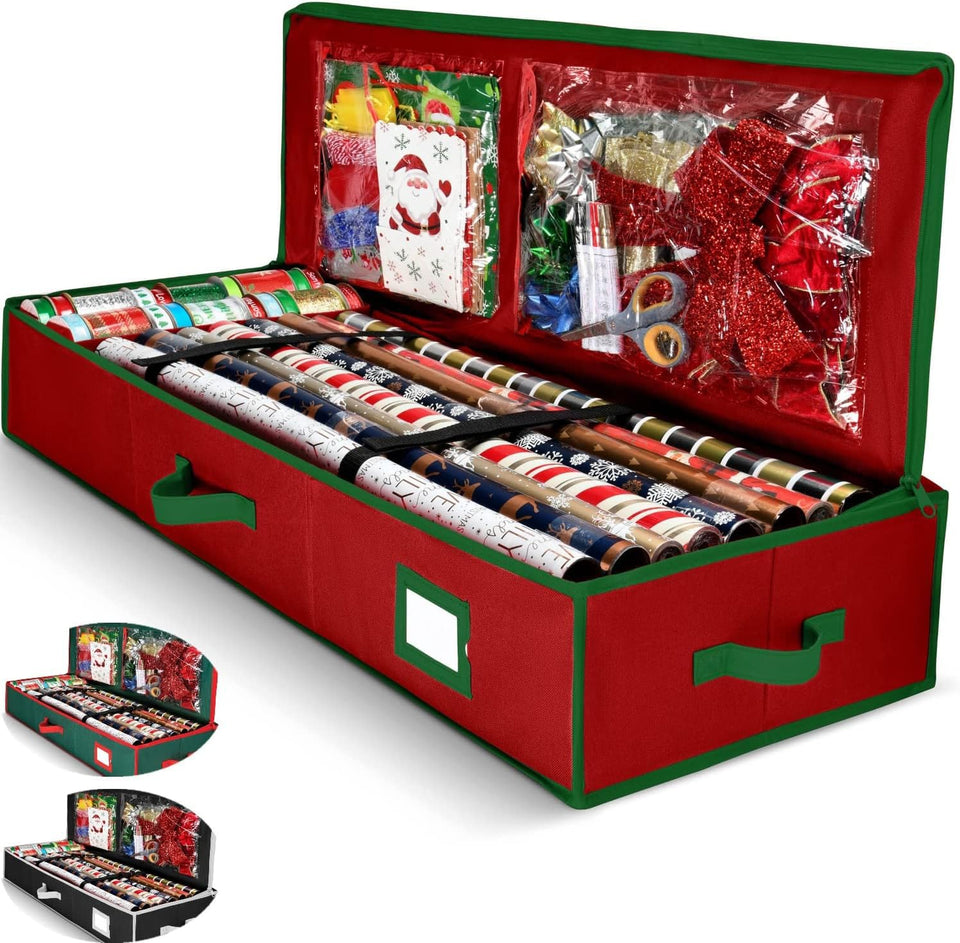 Homior premium wrap organizer in red, front view, organized gift wrap storage.