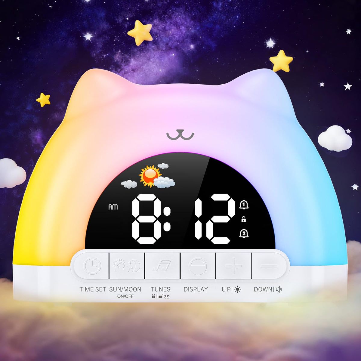 Homiyteck Kids Alarm Clock cat design for gentle routine cues and bedtime fun.