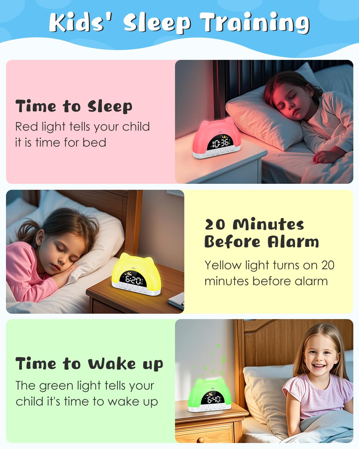 Dual alarm and weekday settings help keep kids on a consistent morning routine.