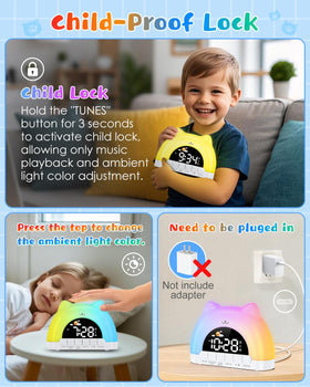 Sleep-training clock supports wake and bedtime cues for kids.