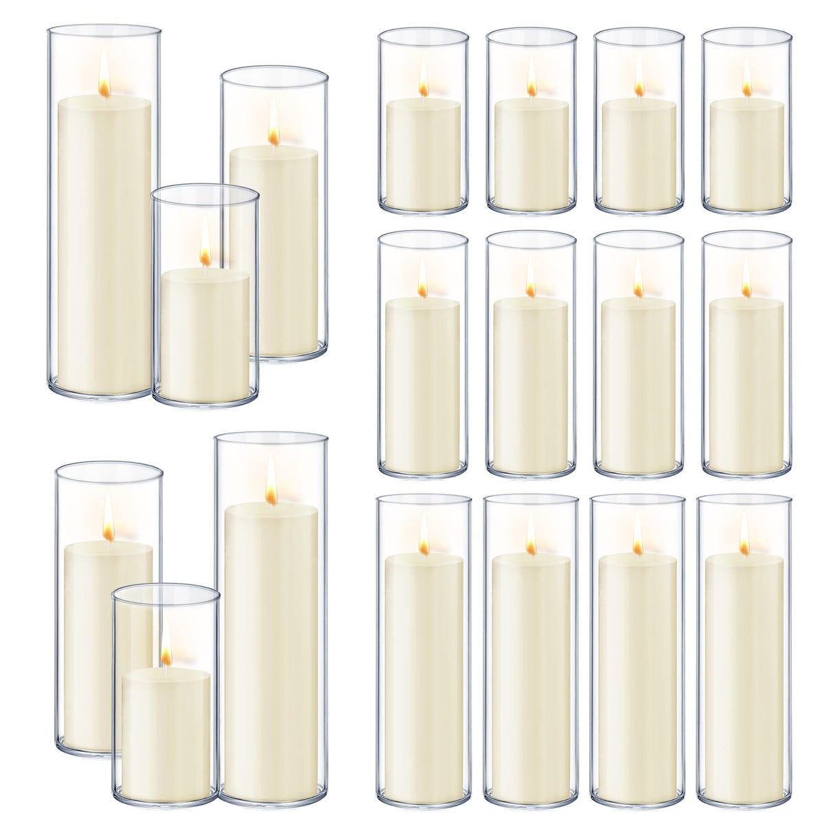 Homjoy ivory white pillar candles with glass holders—an elegant wedding centerpiece.