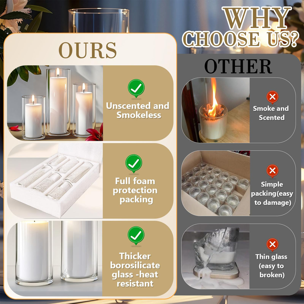 Homjoy multi-size pillar candles provide versatile event arrangements.