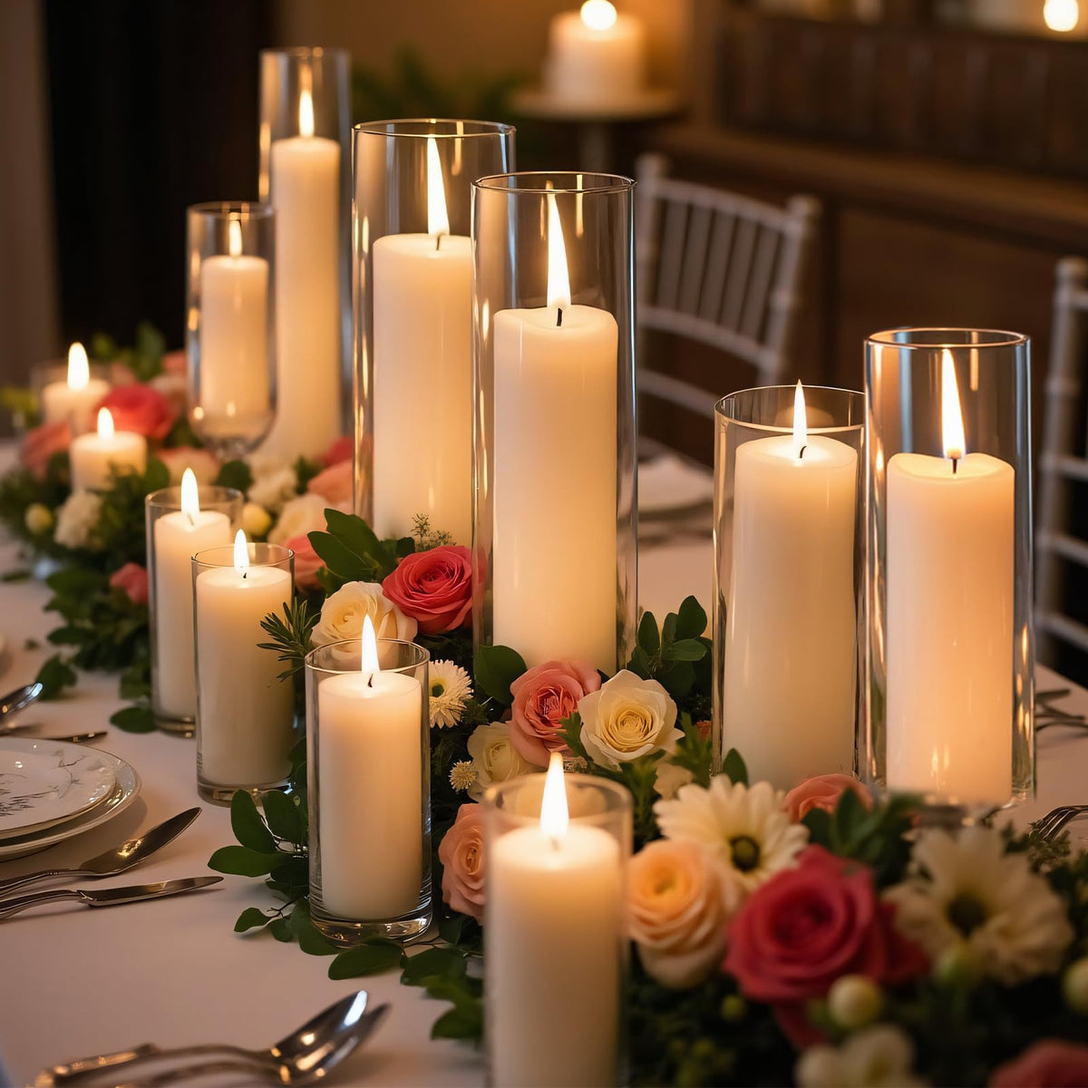 Homjoy wedding decor setup using glass holders and candles for elegant tables.