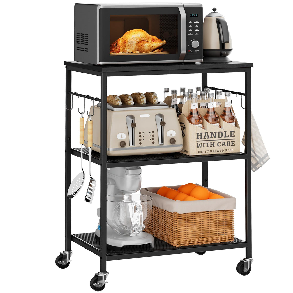 Homleke 3-Tier rolling cart demonstrated in a kitchen corner setup