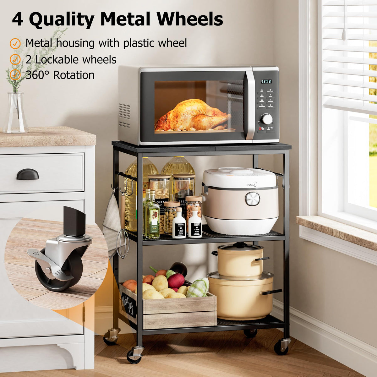 Homleke cart metal shelves highlight sturdy storage for pots and pans