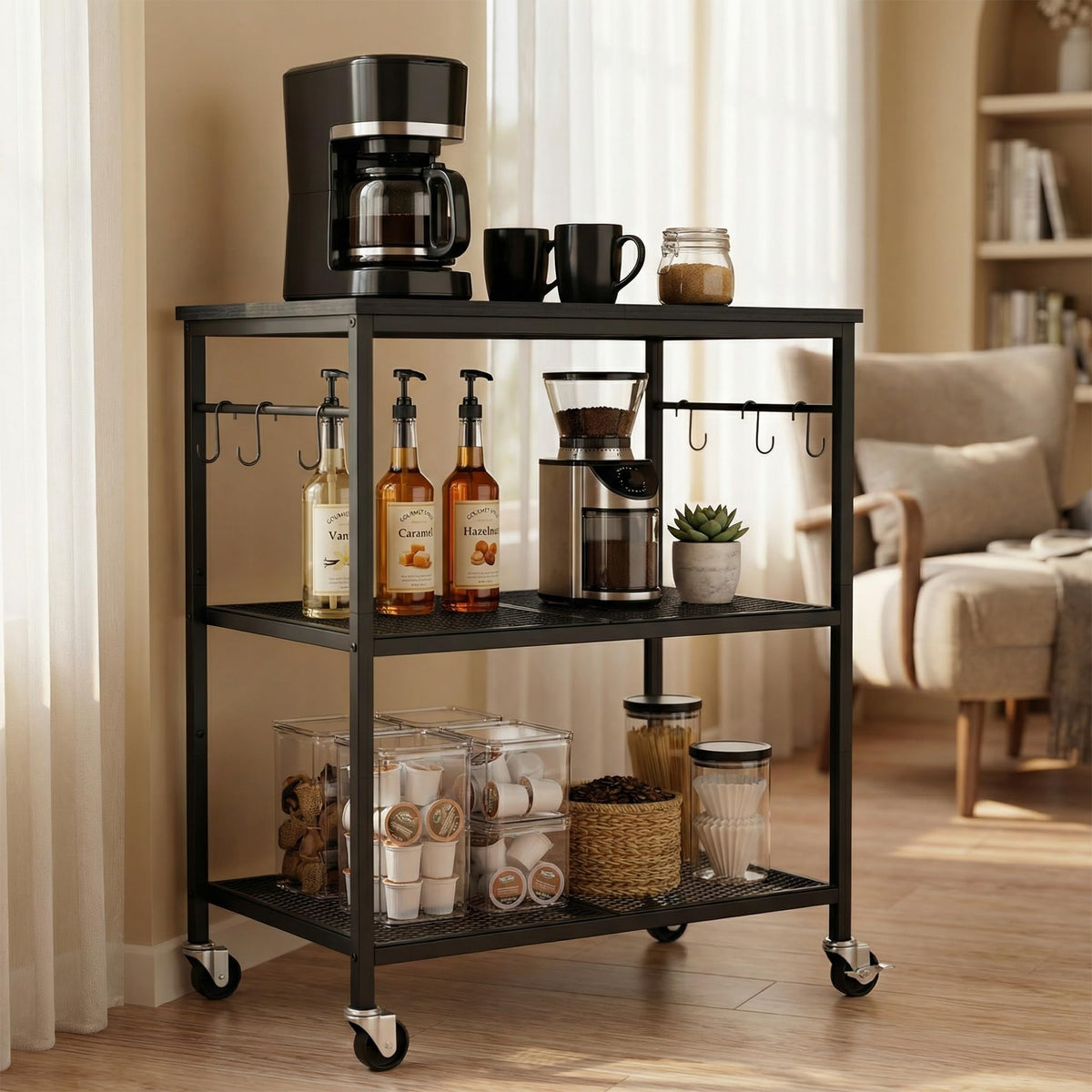 Homleke 3-Tier Rolling Cart top view shows compact space-saving design ideal for kitchens