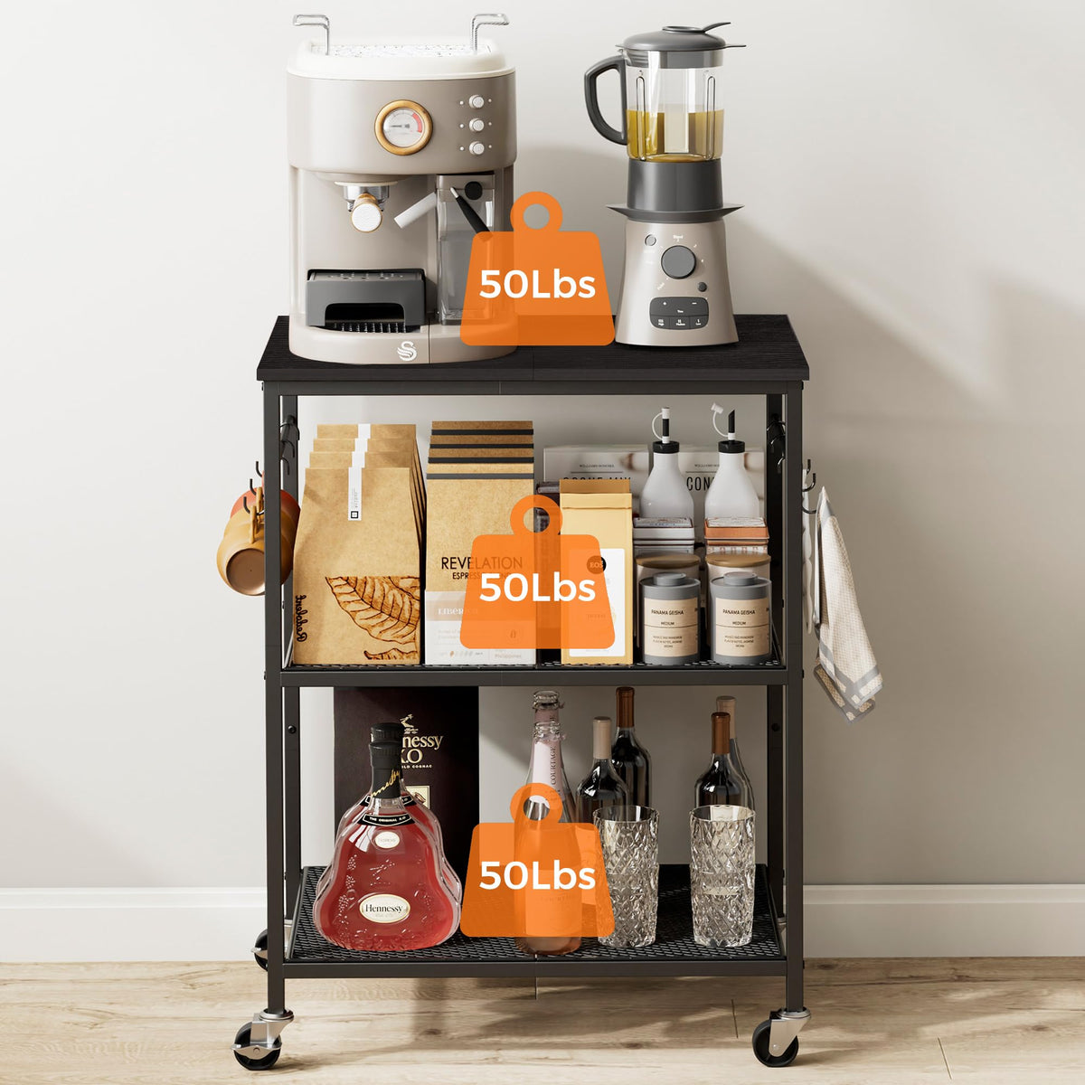 Homleke cart wood-top offers a sturdy surface for microwave or coffee machine