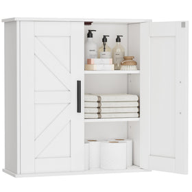 Homleke bathroom wall cabinet with barn doors keeps toiletries organized and out of sight.
