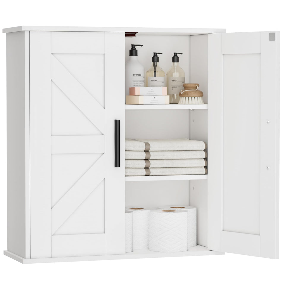Homleke bathroom wall cabinet with barn doors keeps toiletries organized and out of sight.